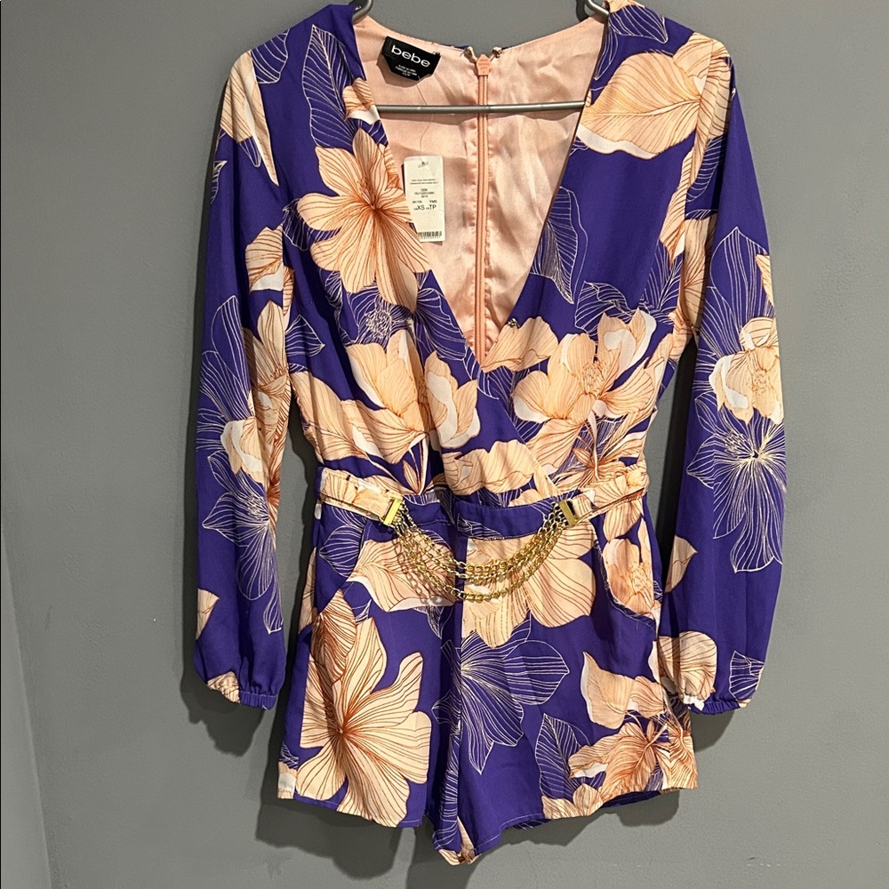 Bebe Blue and Cream Floral Women's Top